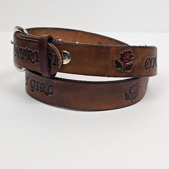 Vintage Brown Genuine Leather Western Country Girl Red Rose Embossed Tooled Belt - Picture 3 of 10